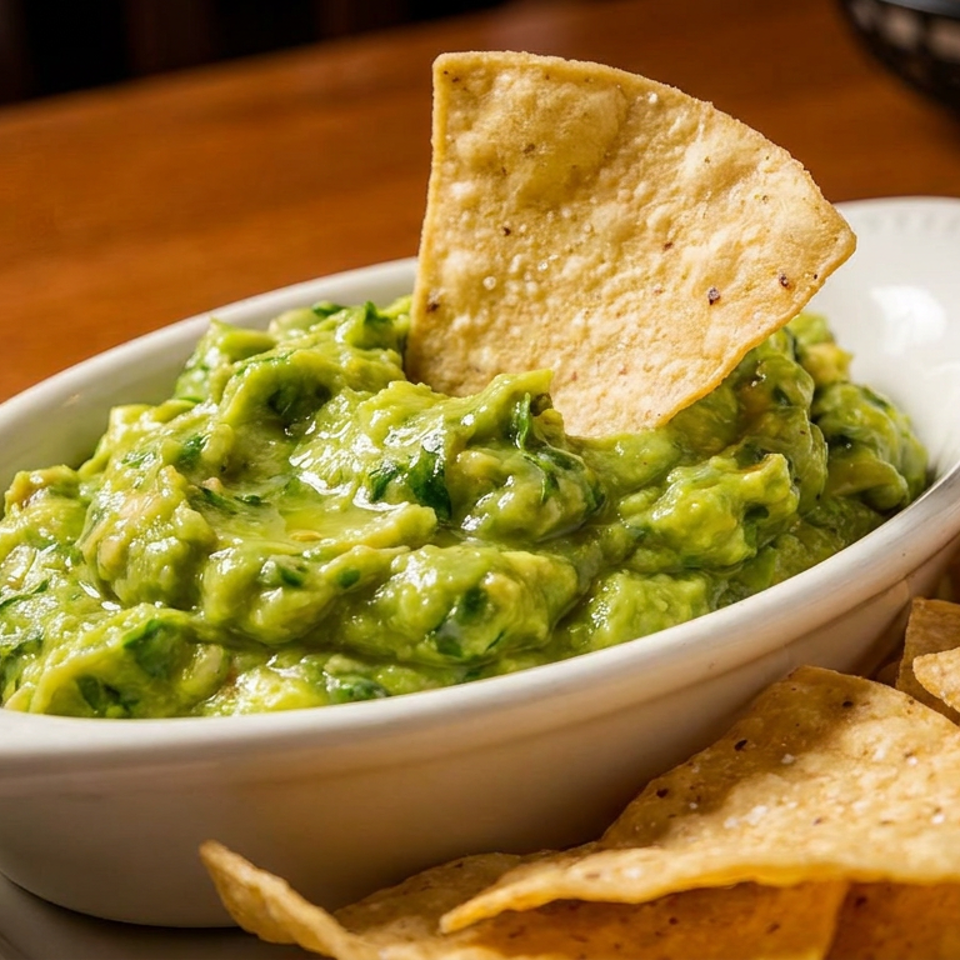 Bowl of chunky guacamole garnished with a tortilla chip, surrounded by crispy tortilla chips on a wooden table.