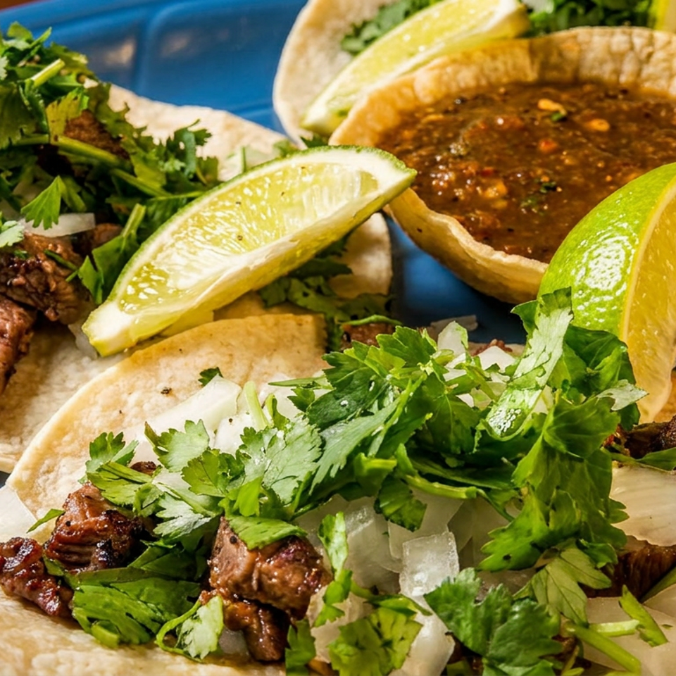 Three steak tacos topped with cilantro and diced onion, served with lime wedges and salsa in a blue dish.
