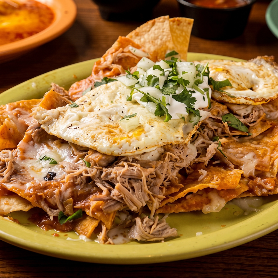 Mexican-style chilaquiles topped with shredded meat, melted cheese, fried eggs, sour cream, onions, and cilantro.
