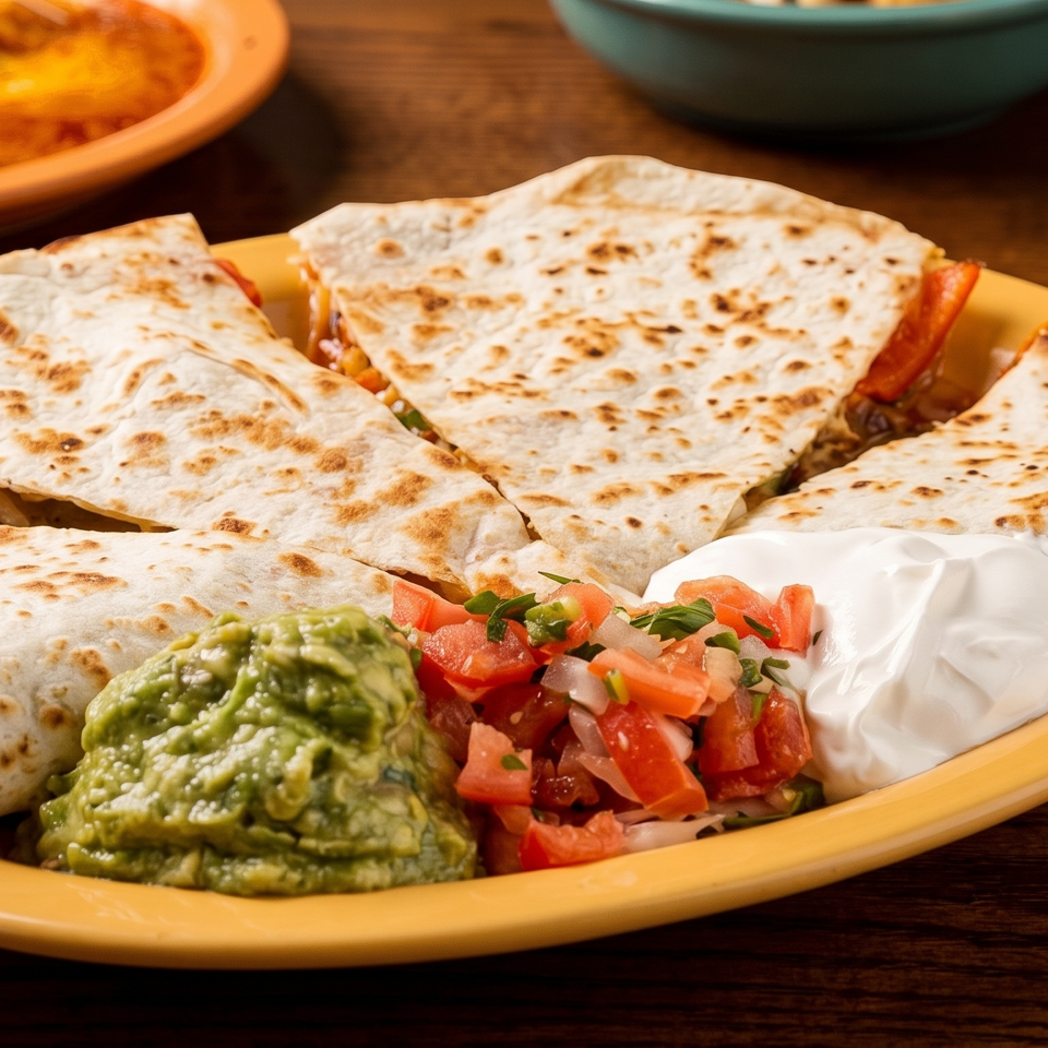 Grilled quesadillas with guacamole, pico de gallo, and sour cream on a platter, accompanied by a lime drink.