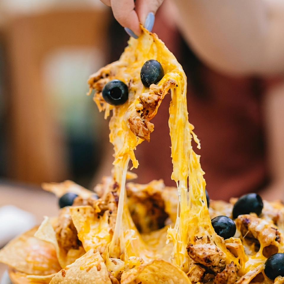 Hand lifts a cheesy nacho topped with black olives and seasoned meat from a loaded plate of nachos.