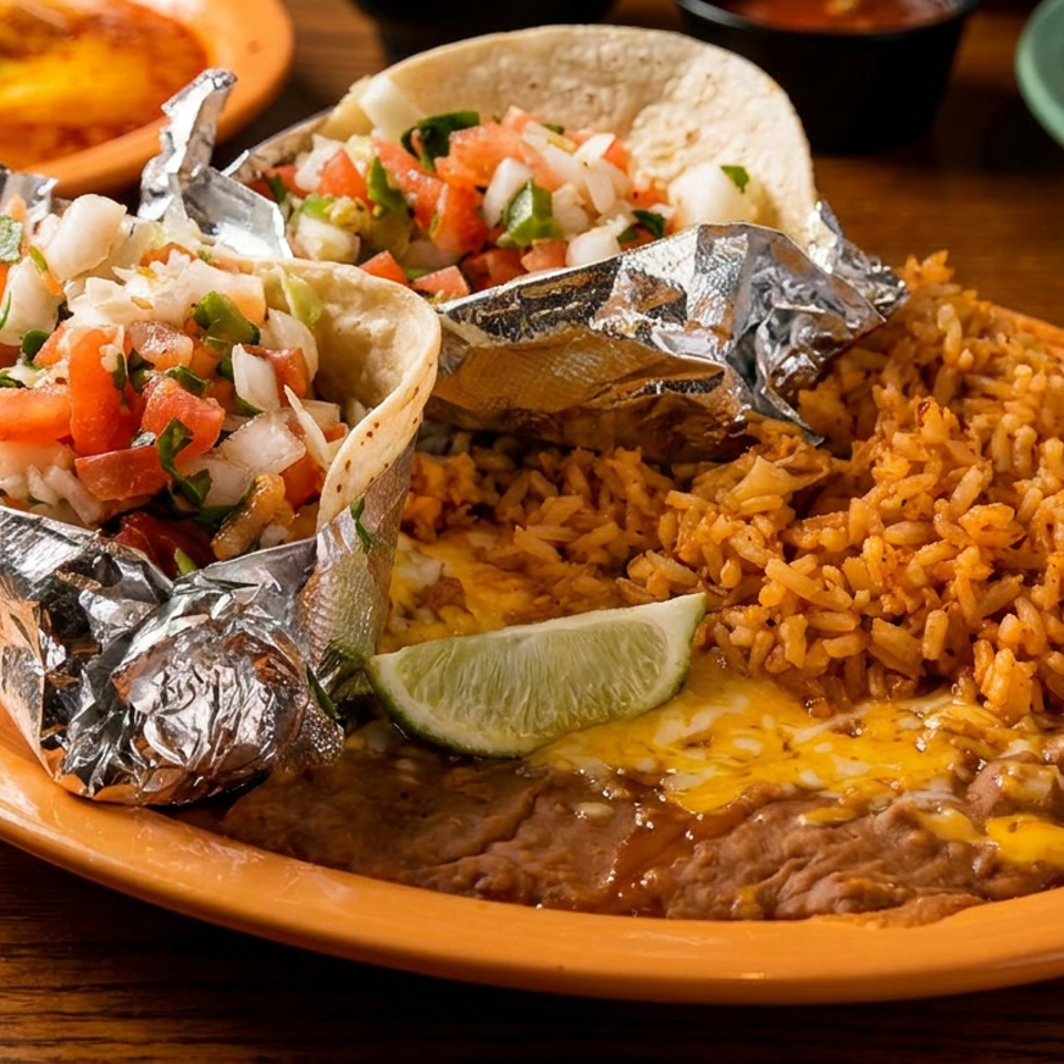 Mexican platter with foil-wrapped tacos, pico de gallo, seasoned rice, refried beans, melted cheese, and lime wedge.