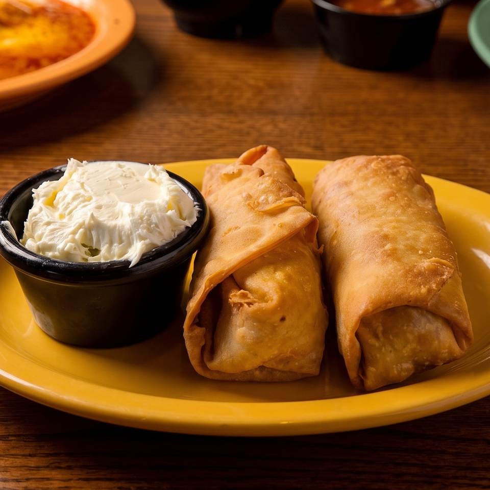 Two golden fried empanadas with creamy dipping sauce on a yellow plate, surrounded by additional dishes on a wooden table.