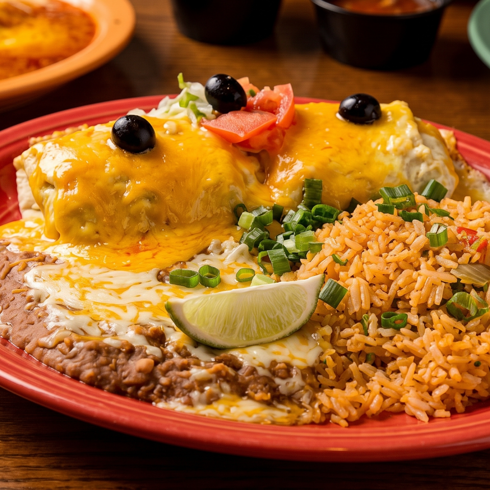 Mexican combo plate with cheese-covered enchiladas, refried beans, seasoned rice, lime, olives, tomatoes, and green onions.