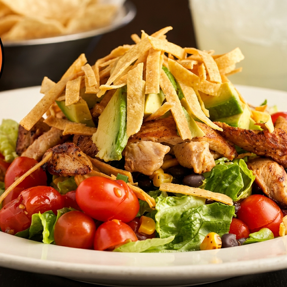 Grilled chicken salad topped with avocado, tortilla strips, cherry tomatoes, black beans, corn, and lettuce.