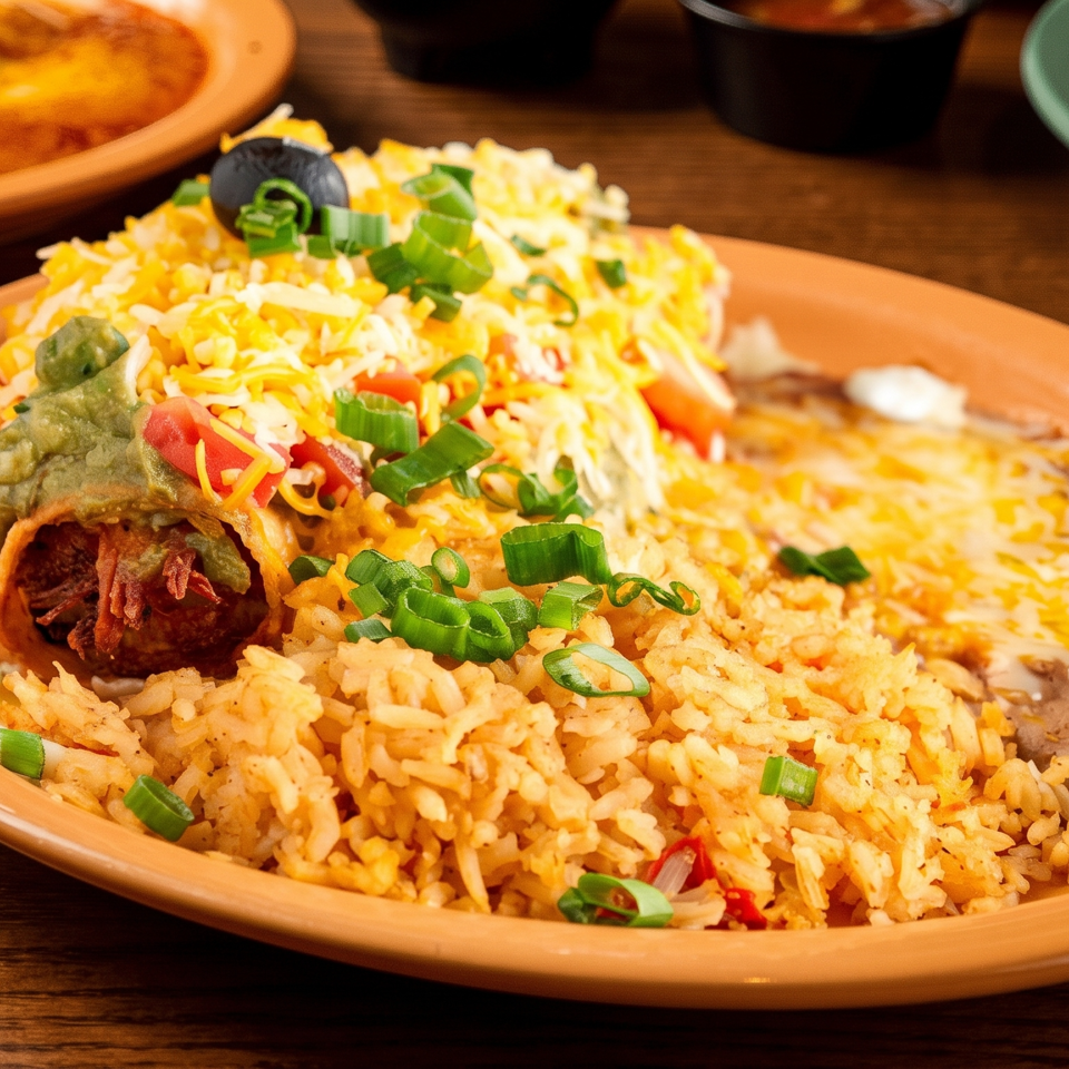 Mexican-style plate with seasoned rice, refried beans, enchilada, melted cheese, guacamole, tomatoes, and green onions.