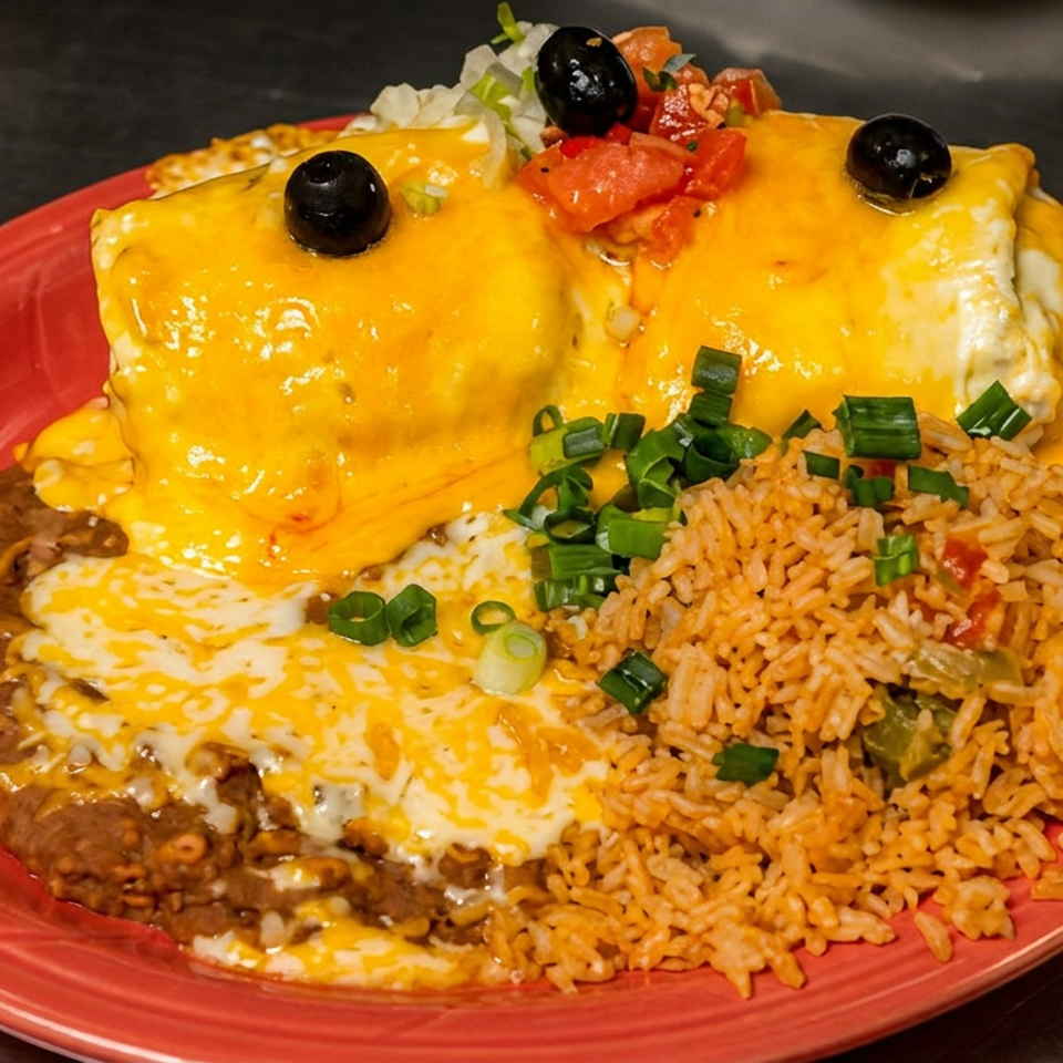 Cheese-covered enchiladas with black olives, refried beans, and Mexican rice topped with green onions on a red plate.